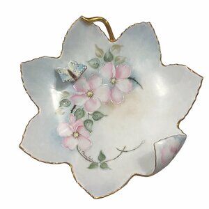 🦋 Vintage Unmarked Limoges Hand-Painted Floral Trinket Dish w/ Butterfly 🦋